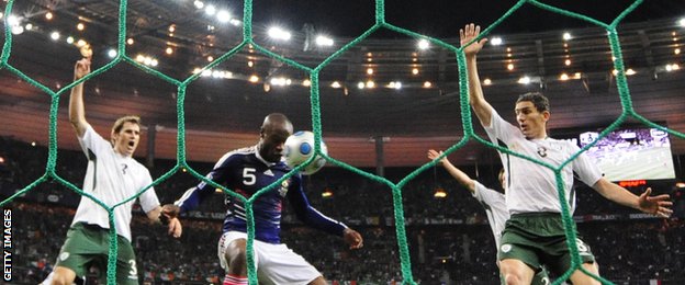 Kevin Kilbane (left) appeals in vain over Thierry Henry's handball that led to William Gallas (centre) scoring the decisive extra-time goal in France's win over the Republic of Ireland in the play-off for the 2010 World Cup